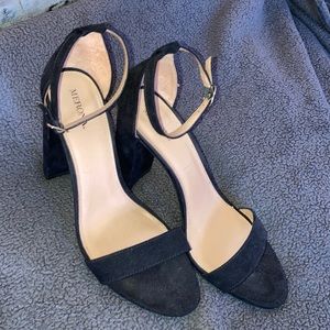 Black heels, open toe, ankle strap, women’s, W 10